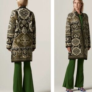 Vertigo Paris longline open faced olive green geometric knit cardigan